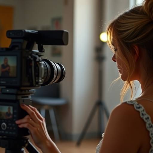 Schauspielerin, die während eines Filmschauspielworkshops vor einer Kamera steht